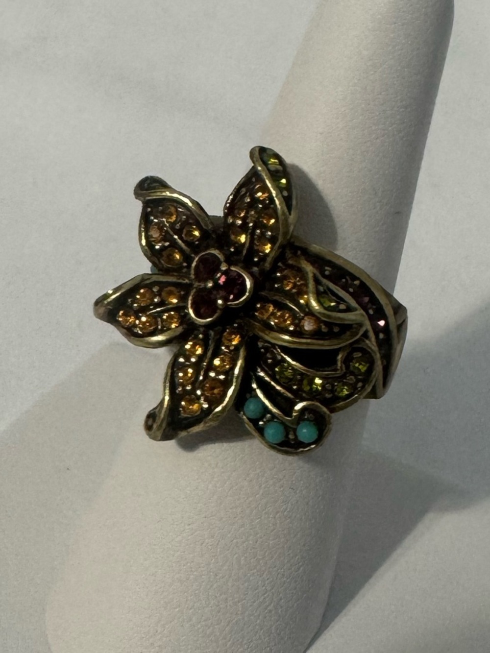 Heidi Daus Floral Multicolor Crystal Statement Ring Gold Tone Size 8